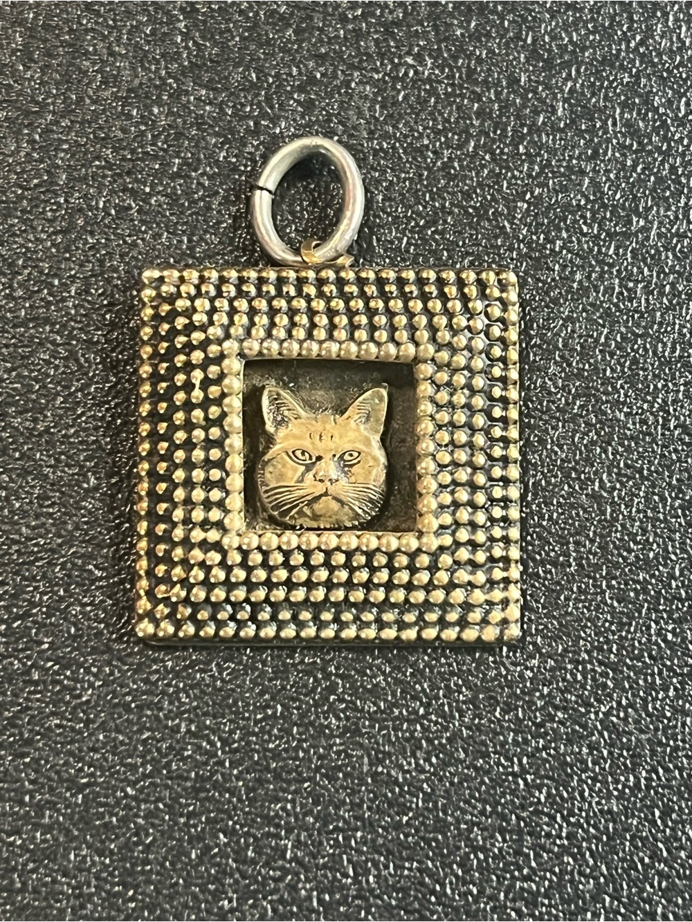 Sandy Comstock Sterling and brass kitty framed face pendant. 1980’s. Cat animal